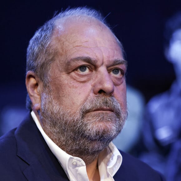 Éric Dupond-Moretti, garde des Sceaux, ministre de la Justice lors du meeting de V.Hayer, tête de liste Renaissance pour les élections européennes, au Docks de Paris à Aubervilliers le 1er juin 2024. © Stéphane Lemouton / Bestimage