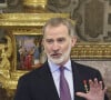 Pendant lequel le roi a pris la parole. 
Pedro Sanchez, Le roi Felipe VI d'Espagne - La famille royale espagnole lors de la remise des décorations à l'occasion du 10ème anniversaire du règne du roi d'Espagne, au Palais Royal à Madrid, le 19 juin 2024. © EuropaPress / Bestimage 