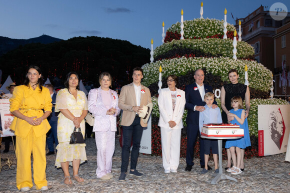 Pauline Ducruet, Marie Ducruet, Camille Gottlieb, Louis Ducruet, La princesse Stéphanie de Monaco, le prince Albert II, la princesse Charlene, Le prince Jacques de Monaco, marquis des Baux et la princesse Gabriella de Monaco, comtesse de Carladès lors des commémorations du centenaire du prince Rainier III le 31 mai 2023