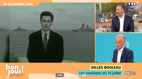 Sur les images retrouvées datant de 1989, il apparaît les cheveux très volumineux et bien noirs.
Gilles Bouleau face à des images de lui datant de 1989 dans la matinale "Bonjour !" de TF1