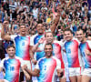 Antoine Dupont - Podium - La France remporte la finale en Rugby à 7 après sa victoire face à Fidji (et sa première médaille d'or) lors des Jeux Olympiques (JO) de Paris 2024 au Stade de France à Saint-Denis, Seine Saint-Denis, France, le 27 juillet 2024. © Jacovides-Perusseau/Bestimage 