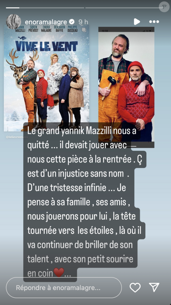 Enora Malagré aussi, qui devait lui donner la réplique au théâtre, a salué la mémoire
Enora Malagré rend hommage à l'acteur Yannik Mazzilli soudainement disparu. Instagram