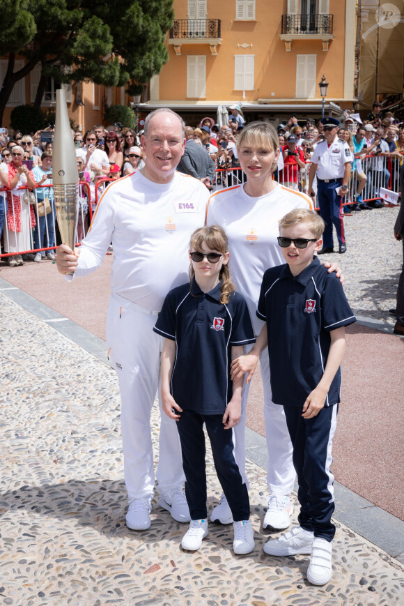 Princess Charlene of Monaco (La princesse Charlène de Monaco), Prince Albert II of Monaco (Le prince Albert II de Monaco), Prince Jacques of Monaco (Le prince Jacques de Monaco, marquis des Baux), Princess Gabriella of Monaco (La princesse Gabriella de Monaco, comtesse de Carladès) lors du relais de la Flamme Olympique des Jeux olympiques d'été de Paris 2024 à Monaco, le 18 juin 2024. Paris se prépare à accueillir les XXXIIIèmes Jeux Olympiques d'été, du 26 juillet au 11 août 2024. Olivier Huitel/Pool Monaco/Bestimage