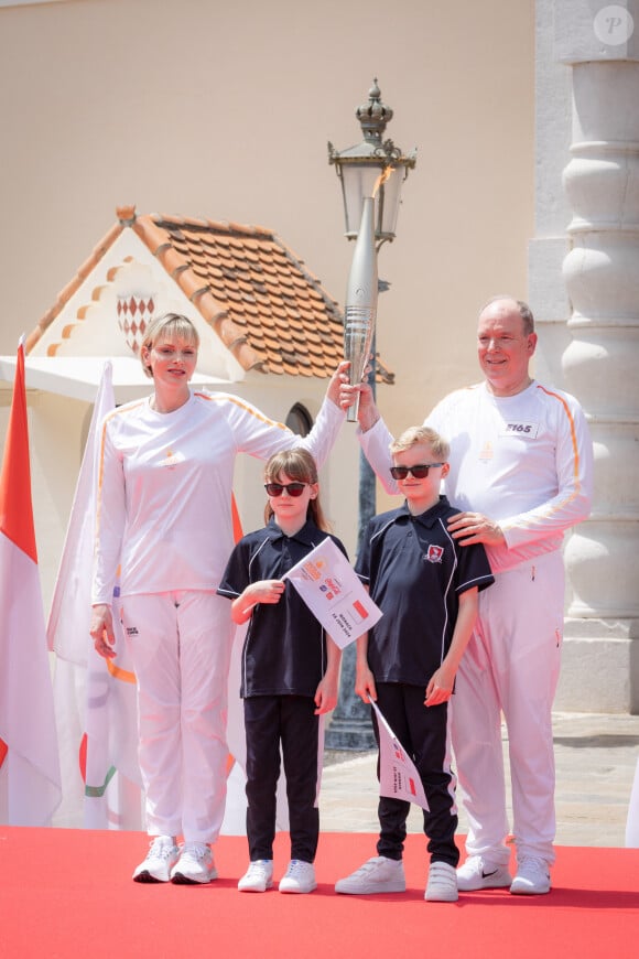 Princess Charlene of Monaco (La princesse Charlène de Monaco), Prince Albert II of Monaco (Le prince Albert II de Monaco), Prince Jacques of Monaco (Le prince Jacques de Monaco, marquis des Baux), Princess Gabriella of Monaco (La princesse Gabriella de Monaco, comtesse de Carladès) lors du relais de la Flamme Olympique des Jeux olympiques d'été de Paris 2024 à Monaco, le 18 juin 2024. Paris se prépare à accueillir les XXXIIIèmes Jeux Olympiques d'été, du 26 juillet au 11 août 2024. Olivier Huitel/Pool Monaco/Bestimage