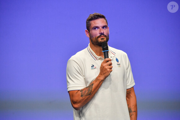 Florent Manaudou en conférence de presse de l'équipe de France de Natation au Club France porte de la Villette pour les Jeux Olympiques (JO) de Paris 2024, à Paris, France, le 25 juillet 2024. © Alexandre Fay/PixPlanete/Bestimage 