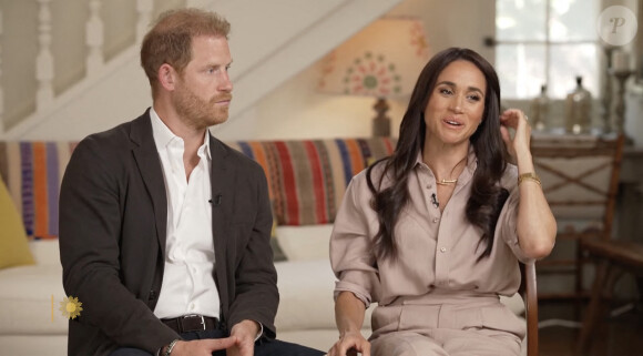 Le prince Harry, duc de Sussex et Meghan Markle, duchesse de Sussex, lors d'une interview pour l'émission CBS News Sunday Morning, diffusée le 4 août 2024. Lors de ce programme, le couple princier a évoqué leurs enfants, Archie Harrison, 5 ans et Lilibet Diana, 3 ans et leur volonté de les protéger des dangers du web. 