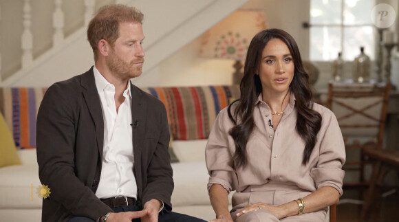 Le prince Harry, duc de Sussex et Meghan Markle, duchesse de Sussex, lors d'une interview pour l'émission CBS News Sunday Morning, diffusée le 4 août 2024. Lors de ce programme, le couple princier a évoqué leurs enfants, Archie Harrison, 5 ans et Lilibet Diana, 3 ans et leur volonté de les protéger des dangers du web. 