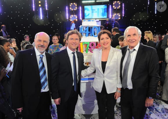 Arielle Boulin-Prat, Laurent Romejko, Patrice Laffont et Bertrand Renard lors de l'enregistrement de l'émission anniversaire des 40 ans "Des chiffres et des lettres" aux studios de la Plaine Saint-Denis le 12 mars 2012 © Guillaume Gaffiot /Bestimage