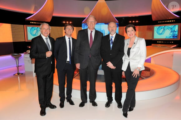 Arielle Boulin-Prat, Laurent Romejko, Patrice Laffont et Bertrand Renard lors de l'enregistrement de l'émission anniversaire des 40 ans "Des chiffres et des lettres" aux studios de la Plaine Saint-Denis le 12 mars 2012 © Guillaume Gaffiot /Bestimage