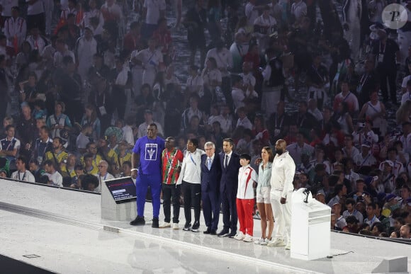 Thomas Bach, Président du Comité international olympique, Tony Estanguet, président de Paris 2024, Teddy Riner - Cérémonie de clôture des Jeux Olympiques de Paris 2024 au stade de France à Saint-Denis le 11 août 2024. © Seshadri Sukumar/ZUMA Press Wire / Bestimage