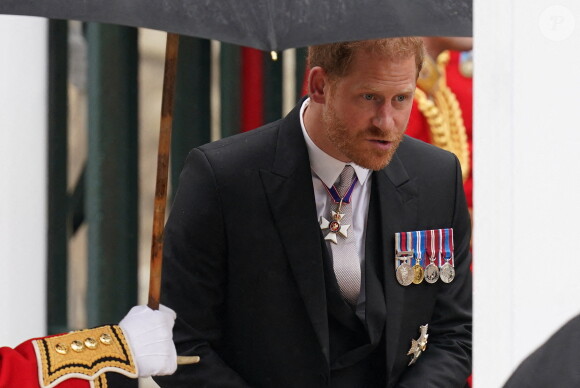 Le duc de Sussex quittant l'abbaye de Westminster au centre de Londres après le couronnement du roi Charles III et de la reine Camilla. Royaume-Uni, le 6 mai 2023. Photo par Jacob King/PA Photos/ABACAPRESS.COM