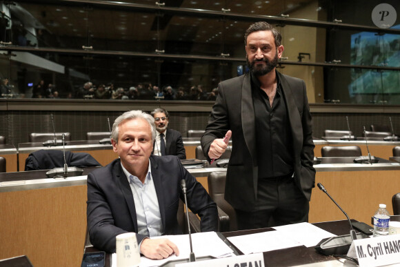 Lionel Stan et Cyril Hanouna - Le producteur de télévision français L.Stan et l'animateur de télévision français C.Hanouna lors d'une séance devant la commission d'enquête parlementaire sur l'attribution des fréquences TV, à l'Assemblée nationale à Paris le le 14 mars 2024. © Stéphane Lemouton / Bestimage