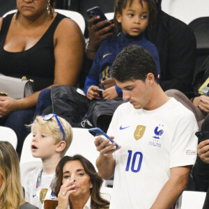 Claude Deschamps - femme de Didier Deschamps entraineur / Selectionneur France et leur Fils Dylan Deschamps - People et joueurs en famille dans les tribunes lors du match de demi-finale "France - Maroc" lors de la Coupe du Monde 2022 au Qatar (FIFA World Cup Qatar 2022). © JB Autissier / Panoramic / Bestimage