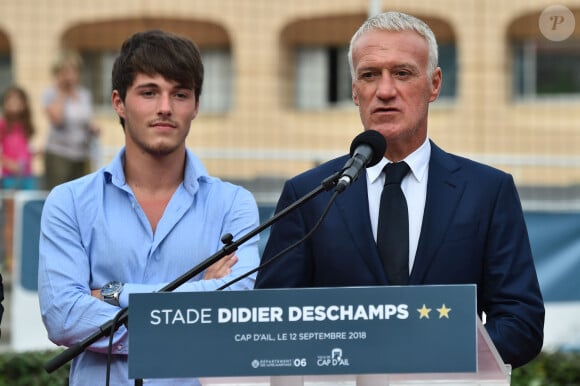 Dylan et son père Didier Deschamps durant l'inauguration du Stade de football Didier Deschamps à Cap d'Ail le 12 septembre 2018. © Bruno Bebert / Bestimage