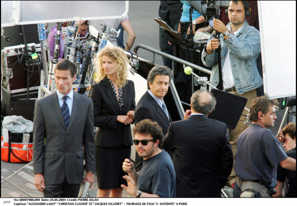 Alexandra Lamy, Christian Clavier et Jacques Villeret sur le tournage de "L'Antidote" à Paris (archive)