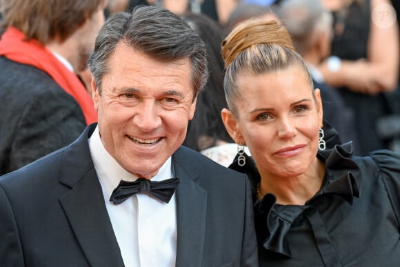 Christian Estrosi, Laura Tenoudji assistant à la première du film De Son Vivant lors du 74e Festival de Cannes, France, le 10 juillet 2021. Photo by Julien Reynaud/APS-Medias/ABACAPRESS.COM