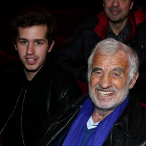 Exclusif - Jean-Paul Belmondo et son petit-fils Victor - Derniere representation de la piece "Plus vraie que nature" (mise en scene de Raphaelle Cambray) au Theatre de la Renaissance a Paris, apres une tournee triomphale en province, le 8 janvier 2014. Jean-Paul Belmondo est venu en famille applaudir son fils sur la scene. 