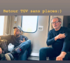 Son fils Artur Jugnot et le comédien Christophe Alévêque
Gérard Jugnot à même le sol lors d'un voyage en train avec la SNCF