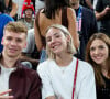 Léon Marchand, Cassandre Beaugrand, Manon Apithy-Brunet - Les célébrités en tribunes pendant la finale de basketball opposant les Etats-Unis à la France (98-87) lors des Jeux Olympiques de Paris 2024 (JO) à l'Arena Bercy, à Paris, France, le 10 août 2024. © Jacovides-Perusseau/Bestimage