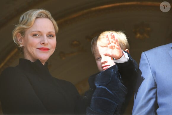 La princesse Charlene de Monaco et son fils, le prince Jacques de Monaco assistent depuis le balcon du Palais à la procession - Célébration de la Sainte Dévote, Sainte patronne de Monaco, à Monaco le 26 janvier 2019.