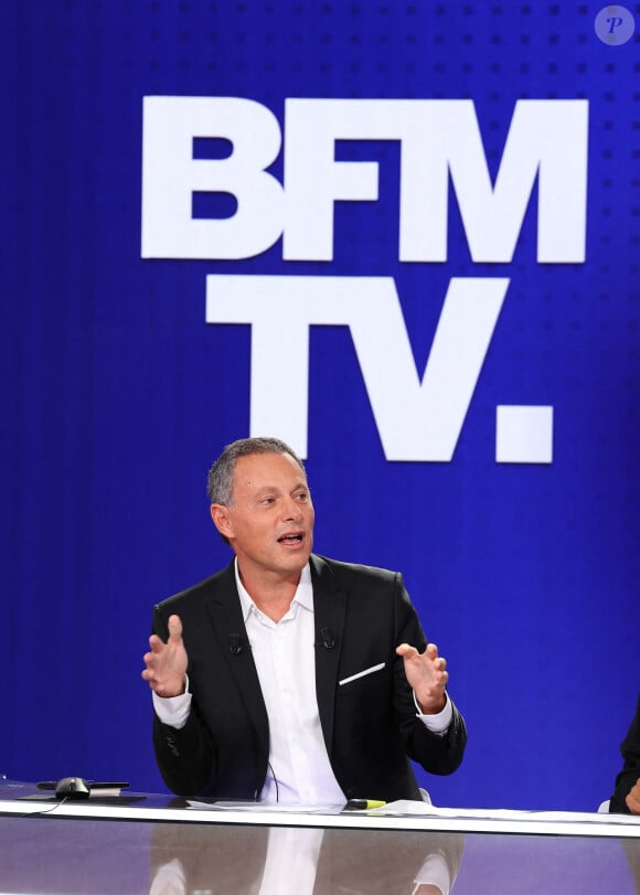 Marc-Olivier Fogiel lors de la conférence de presse de rentrée BFM TV. - RMC du groupe Altice France à Paris, France, le 31 août 2023. © Coadic Guirec/Bestimage 