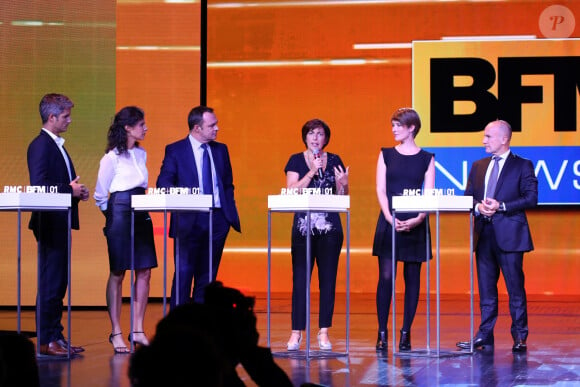 Jean-Baptiste Boursier,Natacha Levy, Christophe Delay, Ruth Elkrief, Lucie Nuttin et François Lenglet - Conférence de presse du groupe NextRadioTV qui regroupe BFM TV et RMC à Paris le 2 septembre 2015.