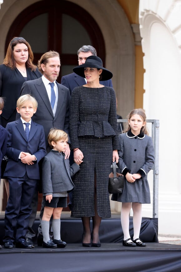 Andrea Casiraghi, Sasha Casiraghi, Tatiana Santo Domingo et India Casiraghi - La famille princière de Monaco dans la cour du palais lors de la Fête Nationale de la principauté de Monaco le 19 novembre 2022. © Dominique Jacovides / Bruno Bebert / Bestimage 