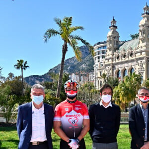 Exclusif - Bernard Thévenet, Amaël Moinard, Laurent Jalabert et Philippe Gilbert durant la présentation du nouveau maillot de l'équipe cycliste des Carabiniers du Prince en soutien à l'association Fight Aids Monaco au Fairmont Hotel, à Monaco, le 15 mars 2021.