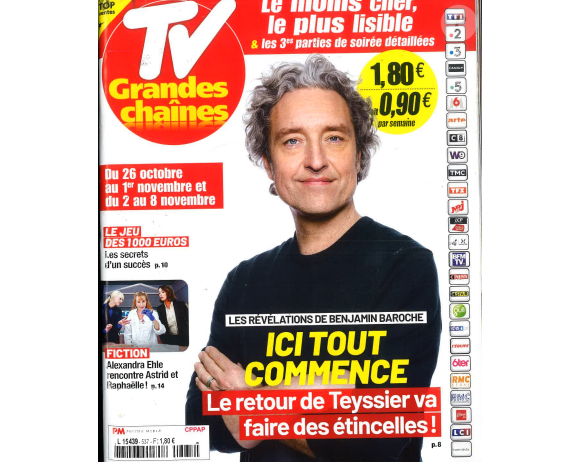 Benjamin Baroche (Ici tout commence) fait la couverture du magazine TV Grandes Chaînes, sorti le 21 octobre