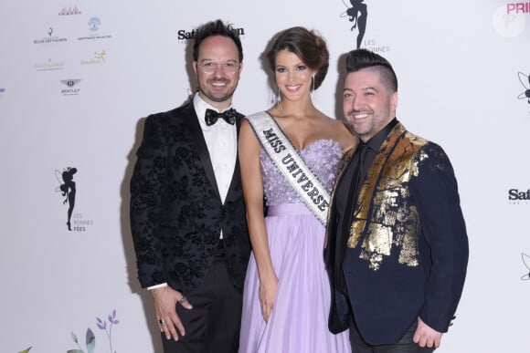 Jarry (G), Iris Mittenaere, Miss Univers (originaire du Nord de la France et Miss France 2016) et Chris Marques (D) assistent au premier gala de charité 'Les Bonnes Fees' à l'Hôtel d'Evreux, le 20 mars 2017 à Paris, France. Photo Edouard BERNAUX/ABACAPRESS.COM