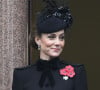 ainsi qu'une broche argentée des Queen's Dragoon Guards, clin d'oeil à son rôle de colonel en chef du régiment selon "Hello !".
Catherine Kate Middleton, princesse de Galles honore les disparus des deux guerres mondiales lors de la cérémonie Remembrance Sunday ( Dimanche du souvenir ) au Cénotaphe à Londres