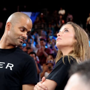 Tony Parker et sa compagne Agathe Teyssier - Teddy Riner sacré champion Olympique aux épreuves de judo +100KG lors des Jeux Olympiques de Paris 2024 (JO) à l' Arena Champs de Mars à Paris le 2 Aout 2024. © Jacovides-Perusseau/Bestimage 