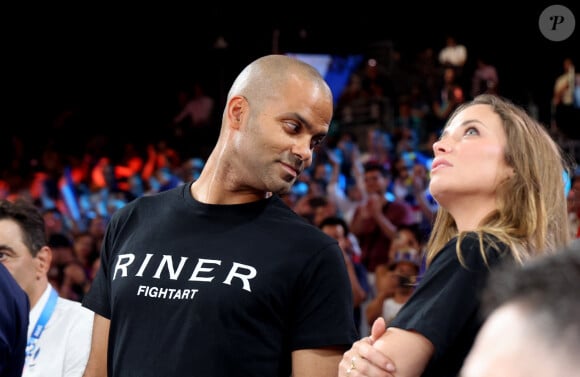 Tony Parker et sa compagne Agathe Teyssier - Teddy Riner sacré champion Olympique aux épreuves de judo +100KG lors des Jeux Olympiques de Paris 2024 (JO) à l' Arena Champs de Mars à Paris le 2 Aout 2024. © Jacovides-Perusseau/Bestimage 