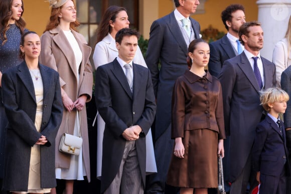 Pauline Ducruet, Louis Ducruet, la princesse Alexandra de Hanovre, Andrea Casiraghi dans la cour du palais princier le jour de la fête nationale de Monaco le 19 novembre 2024. © Jean-Charles Vinaj / Pool Monaco / Bestimage