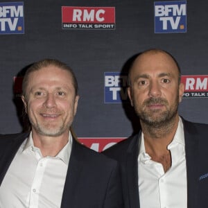 Lionel Charbonnier, Emmanuel Petit, Christophe Dugarry et Franck Leboeuf - Conférence de presse pour la présentation de la "Dream Team" RMC et BFMTV pour la Coupe du monde de football 2018 en Russie (du 14 juin au 15 juillet) au Pavillon Wagram à Paris, France, le 11 avril 2018. © Pierre Perusseau/Bestimage