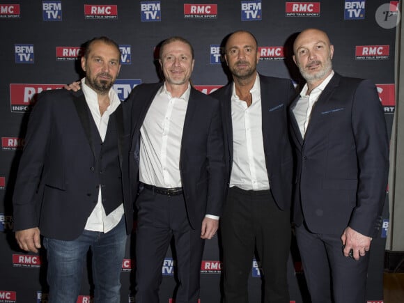 Lionel Charbonnier, Emmanuel Petit, Christophe Dugarry et Franck Leboeuf - Conférence de presse pour la présentation de la "Dream Team" RMC et BFMTV pour la Coupe du monde de football 2018 en Russie (du 14 juin au 15 juillet) au Pavillon Wagram à Paris, France, le 11 avril 2018. © Pierre Perusseau/Bestimage