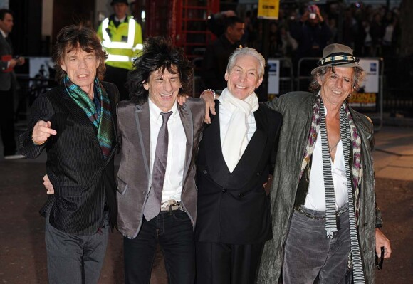 Mick Jagger, Ron Wood, Keith Richards et Charlie Watts : avant-première de Shine a Light, un documentaire de Martin Scorsese, à Londres, le 2 avril 2008 !
