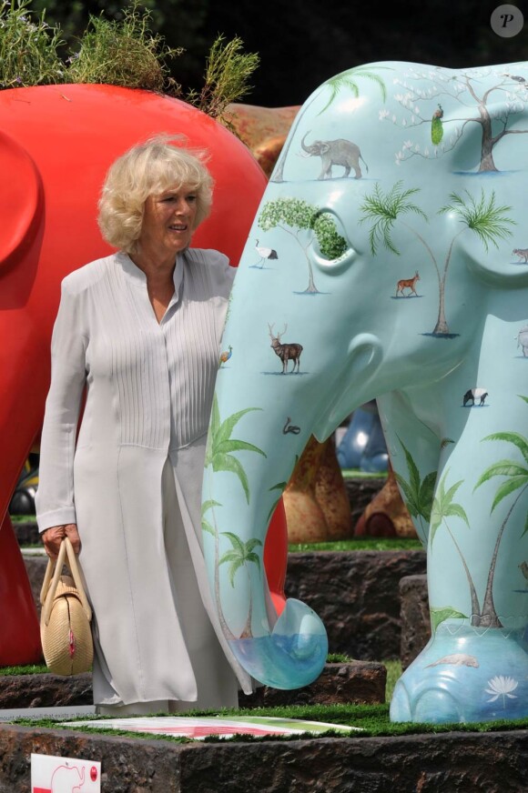 Camilla Parker Bowles découvrait, le 24 juin 2010, une exposition d'éléphants dans les jardins du Chelsea Hospital
