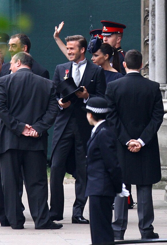 David et Victoria Beckham arrivent au mariage du prince William et de Kate Middleton, le 29 avril 2011, à Westminster (Londres).