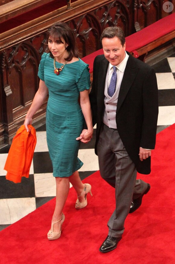 David Cameron et son épouse Samantha arrivent au mariage du prince William et de Kate Middleton, le 29 avril 2011, à Westminster (Londres).