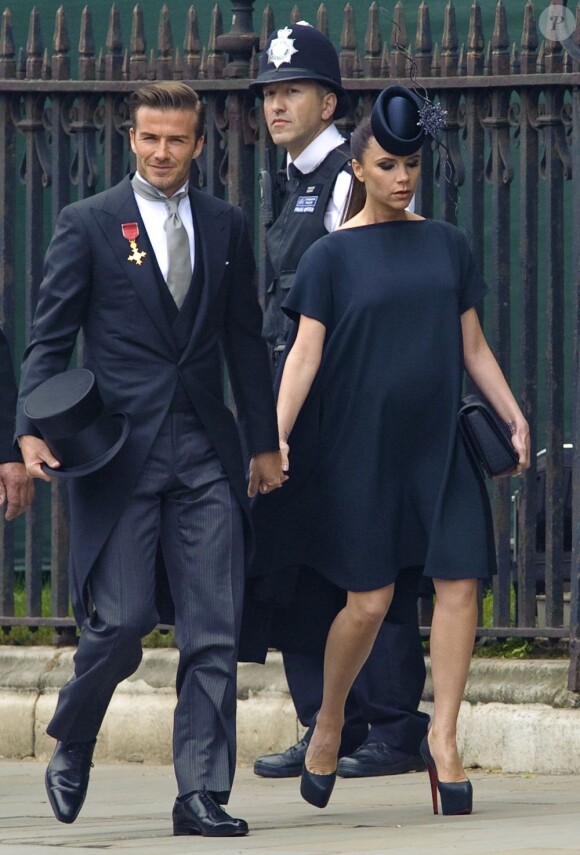 Les Beckham arrivent à l'Abbaye de Westminster pour assister au mariage de Kate et William. Londres, 29 avril 2011
