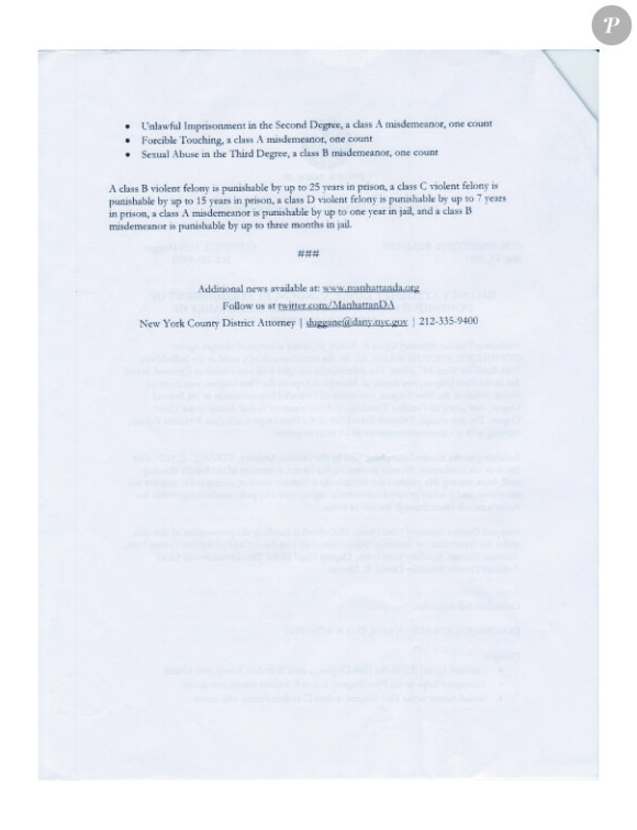 Le document que le district Attorney Cyrus R.Vance (l'équivalent de notre procureur) a fait distribuer aux journalistes présents lundi 16 mai 2011 devant la Cour Criminelle de Justice, concernant Dominique Strauss-Kahn.