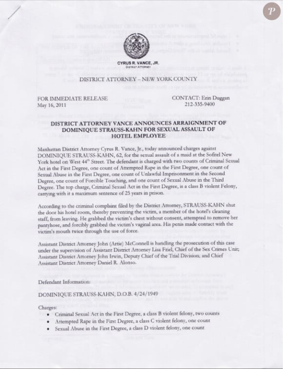 Le document que le district Attorney Cyrus R.Vance (l'équivalent de notre procureur) a fait distribuer aux journalistes présents lundi 16 mai 2011 devant la Cour Criminelle de Justice, concernant Dominique Strauss-Kahn.