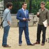 Ed Westwick, Chace Crawford et Penn Badgley sur le tournage de Gossip Girl. Le 16 août 2011