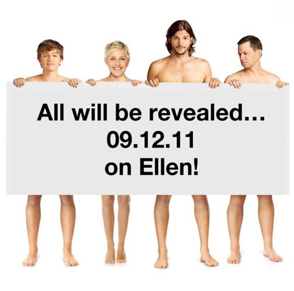 Détournement de l'affiche promotionnelle de la neuvième saison de Two and a half men avec Ashton Kutcher, par Ellen DeGeneres, septembre 2011.