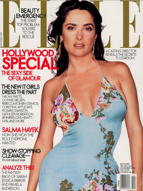 Novembre 2002 : l'actrice aux formes généreuses Salma Hayek apparaît en couverture du magazine Elle.