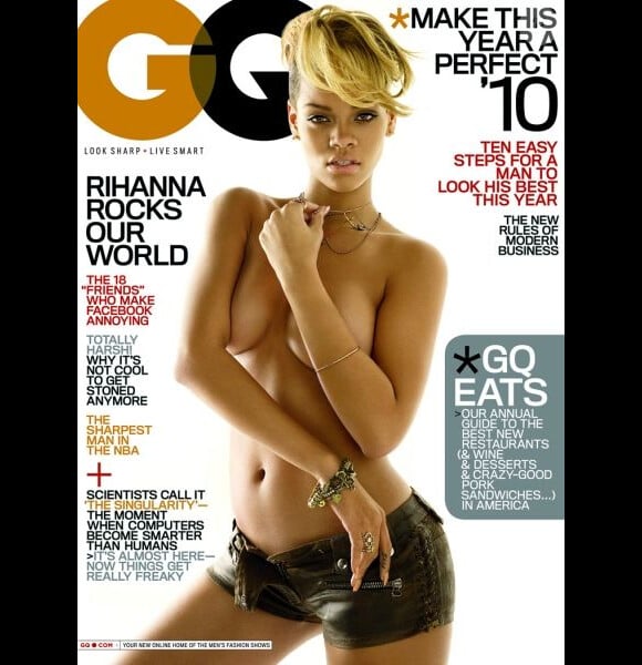Topless et mini-short, le canon de beauté Rihanna pose en Une du magazine GQ. Janvier 2010.