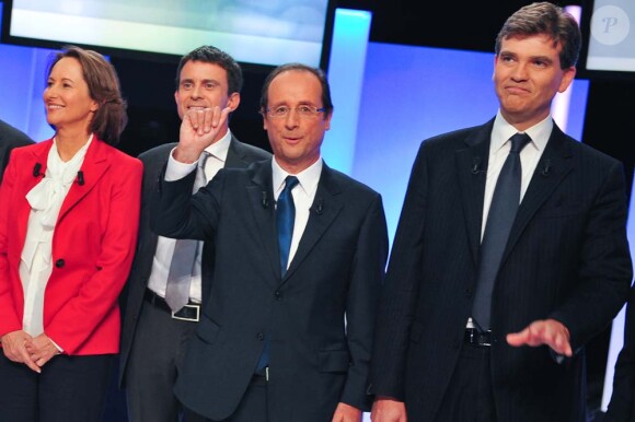 Ségolène Royal, Manuel Valls, François Hollande et Arnaud Montebourg, à Paris, le 5 octobre 2011.