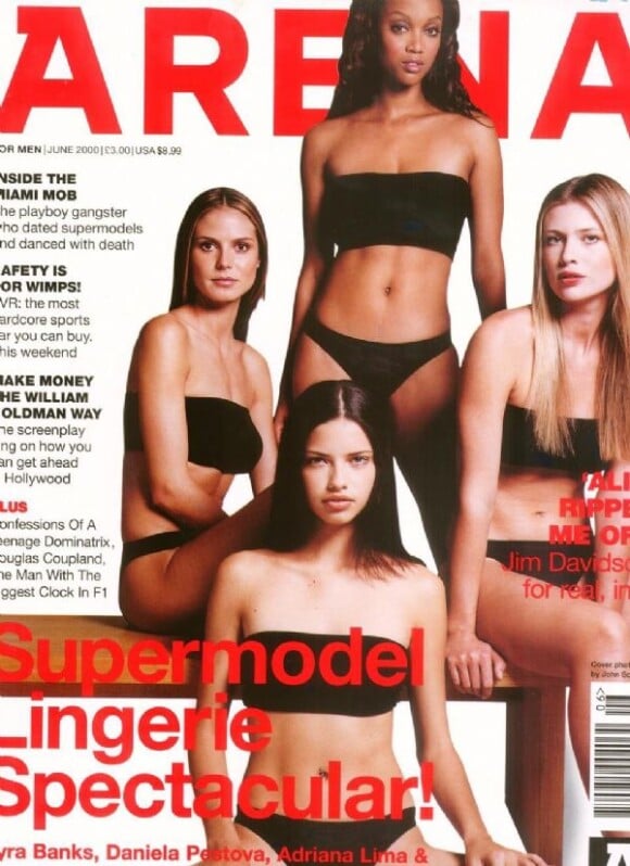 Juin 2000 : Adriana Lima, accompagnée de Heidi Klum, Tyra Banks et Daniela Pestova, pose en Une d'Arena.