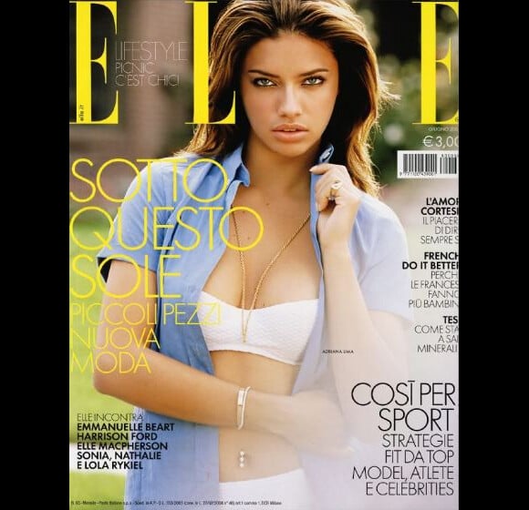 Le top brésilien Adriana Lima, féline pour la Une du Elle italien. Juin 2008.